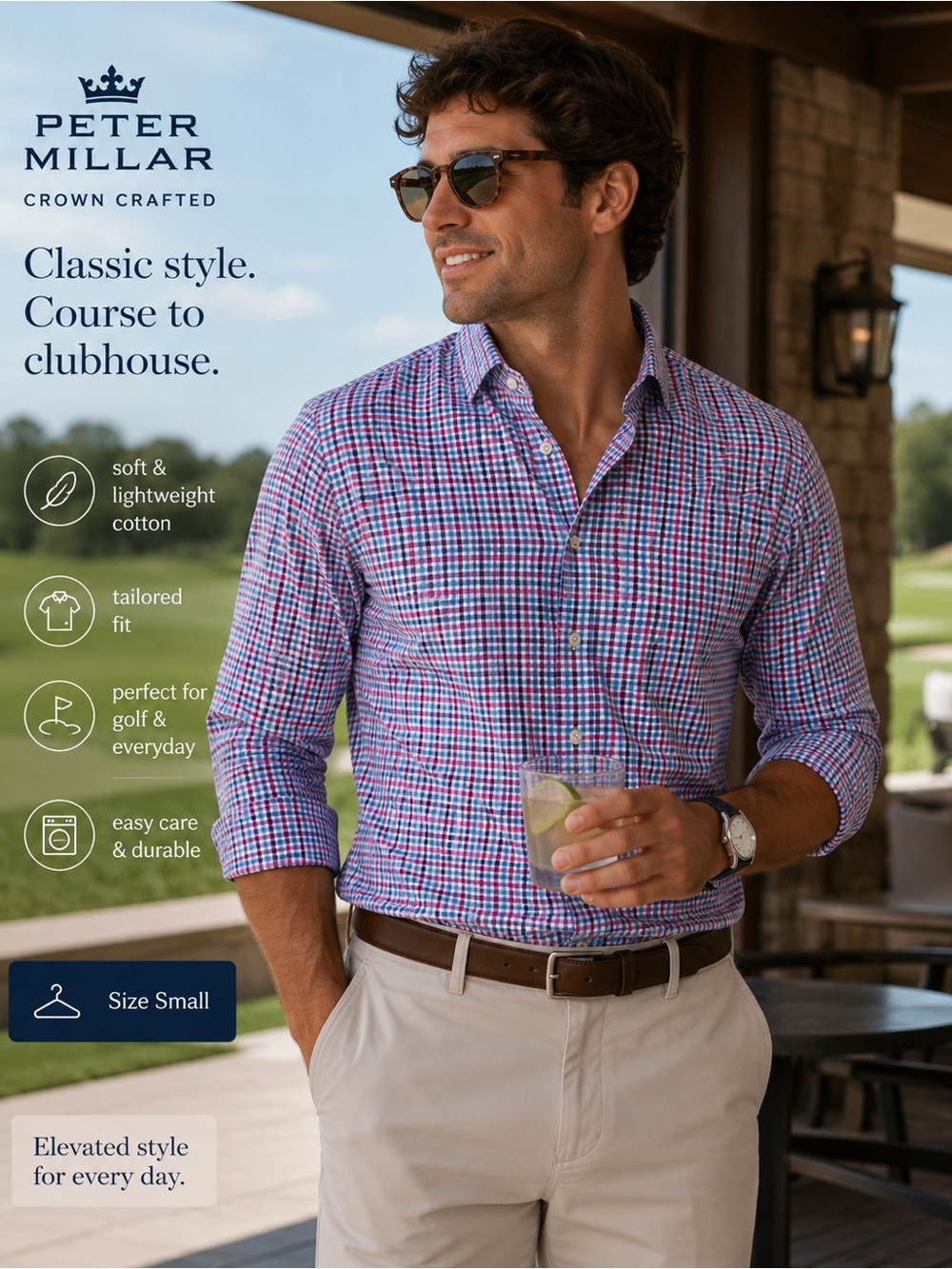 Peter Millar Crown Crafted Button Down Shirt Men’s Small Pink Blue Check Plaid 👔
